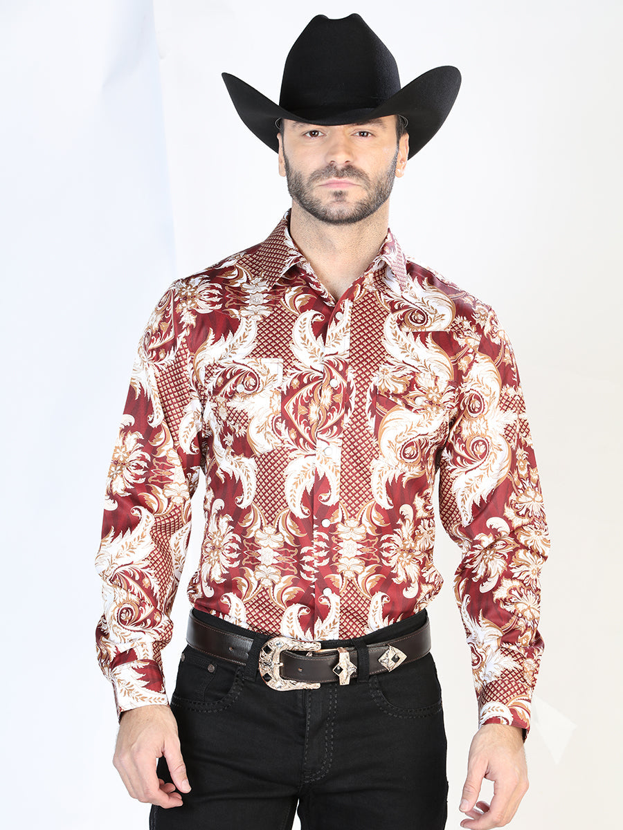 Camisa Vaquera Manga Larga de Broches Estampada Burgandy/Oro para Hombre 'El Señor de los Cielos' - ID: 44071 Camisas Estampadas El Señor de los Cielos Burgandy/Gold