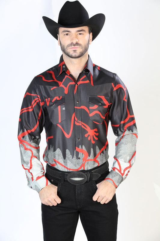 Camisa Vaquera Manga Larga de Broches Estampada Negro/Rojo para Hombre 'El Señor de los Cielos' - ID: 44074 Camisas Estampadas El Señor de los Cielos Black/Red