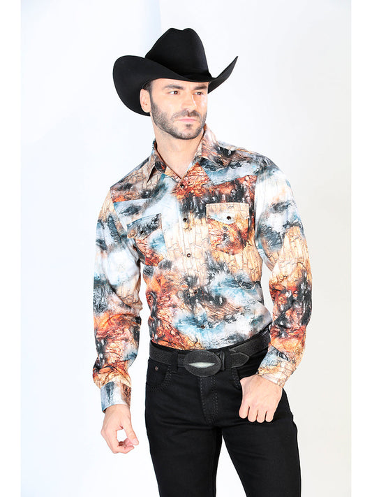 Camisa Vaquera Manga Larga de Broches Estampada Amarillo/Negro para Hombre 'El Señor de los Cielos' - ID: 44079 Camisas Estampadas El Señor de los Cielos Yellow/Black