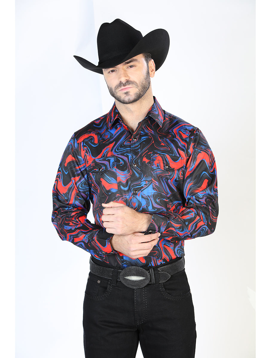 Camisa Vaquera Manga Larga de Broches Estampada Azul/Rojo para Hombre 'El Señor de los Cielos' - ID: 44080 Camisas Estampadas El Señor de los Cielos Blue/Red