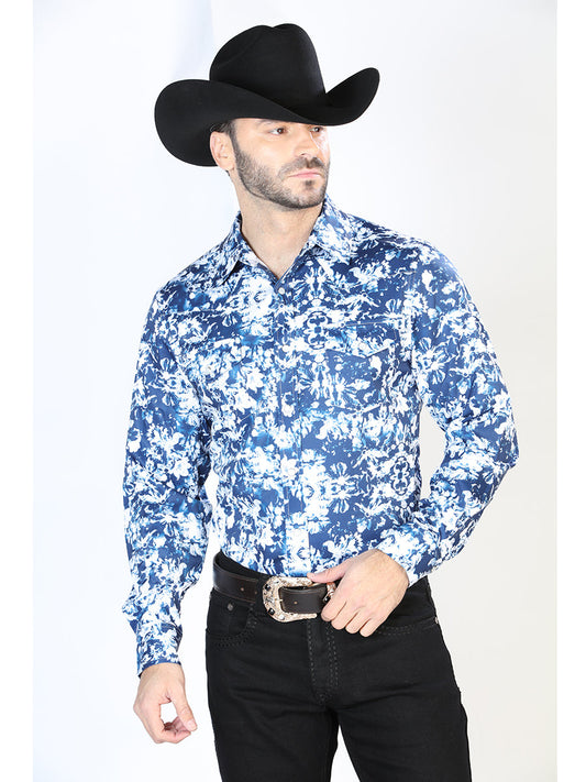 Camisa Vaquera Manga Larga de Broches Estampada Azul/Blanco para Hombre 'El Señor de los Cielos' - ID: 44091 Camisas Estampadas El Señor de los Cielos Blue/White