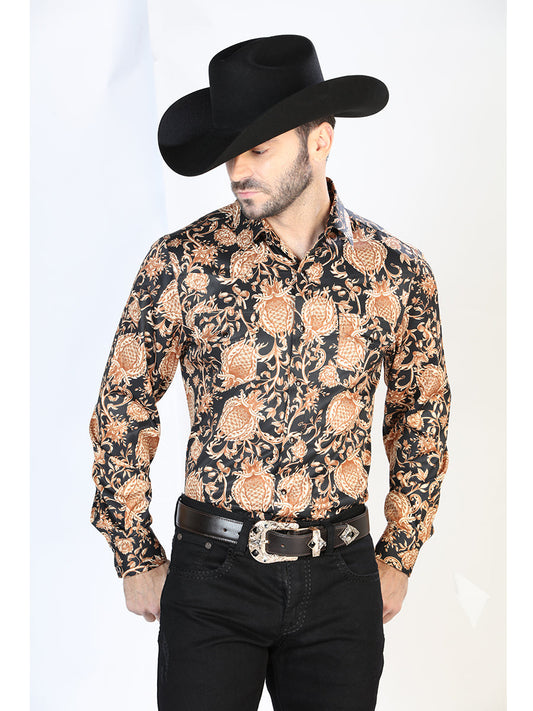 Camisa Vaquera Manga Larga de Broches Estampada Oro/Negro para Hombre 'El Señor de los Cielos' - ID: 44092 Camisas Estampadas El Señor de los Cielos Gold/Black