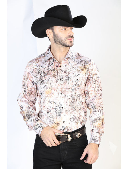 Camisa Vaquera Manga Larga de Broches Estampada Blanco/Cafe para Hombre 'El Señor de los Cielos' - ID: 44093 Camisas Estampadas El Señor de los Cielos White/Brown