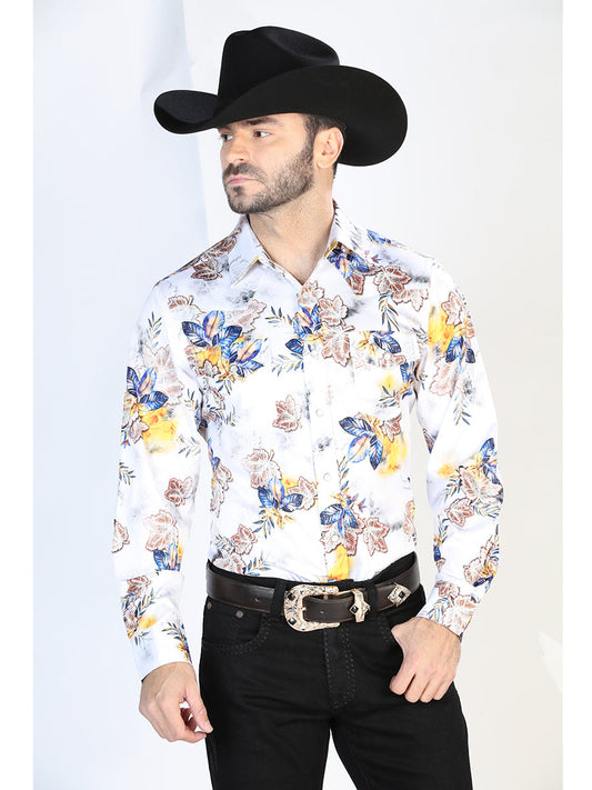 Camisa Vaquera Manga Larga de Broches Estampada Floral Blanco/Azul para Hombre 'El Señor de los Cielos' - ID: 44097 Camisas Florales El Señor de los Cielos White/Blue