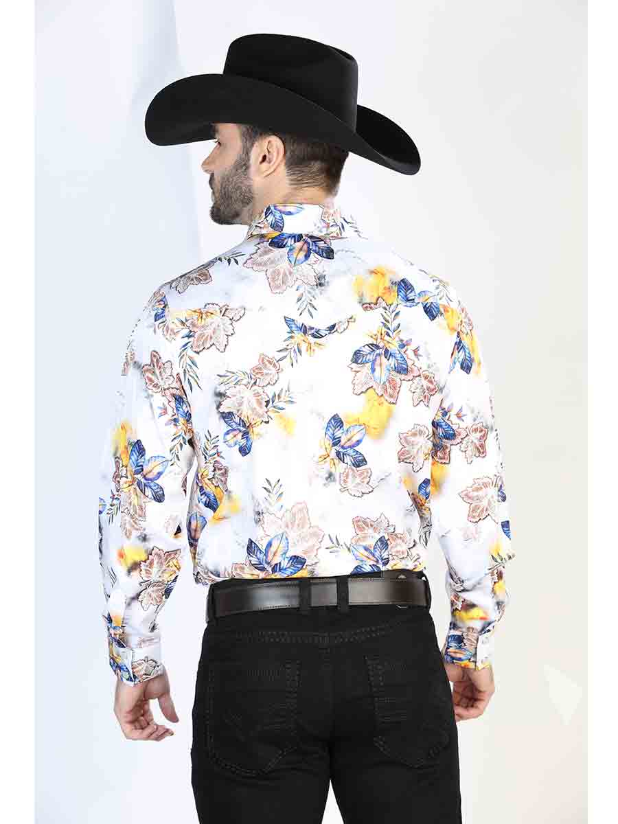 Camisa Vaquera Manga Larga de Broches Estampada Floral Blanco/Azul para Hombre 'El Señor de los Cielos' - ID: 44097 Camisas Florales El Señor de los Cielos 