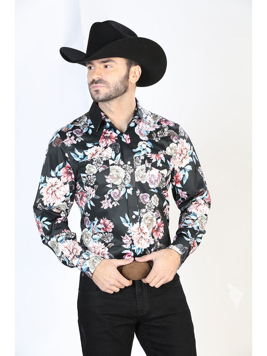 Camisa Vaquera Manga Larga de Broches Estampada Floral Negro/Rosas para Hombre 'El Señor de los Cielos' - ID: 44111 Camisas Florales El Señor de los Cielos Black/Roses