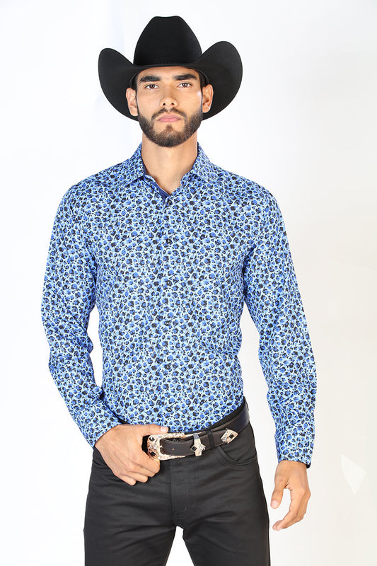 Camisa Vaquera Manga Larga Estampada Azul Claro para Hombre 'El Señor de los Cielos' - ID: 126266 Camisas Estampadas El Señor de los Cielos Ligth Blue