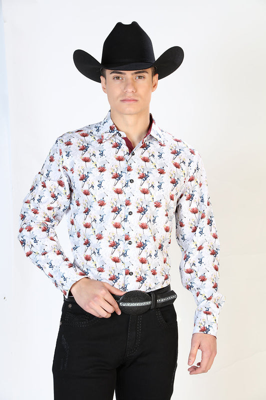 Camisa Vaquera Manga Larga Estampada Blanco para Hombre 'El Señor de los Cielos' - ID: 126271 Camisas Estampadas El Señor de los Cielos White