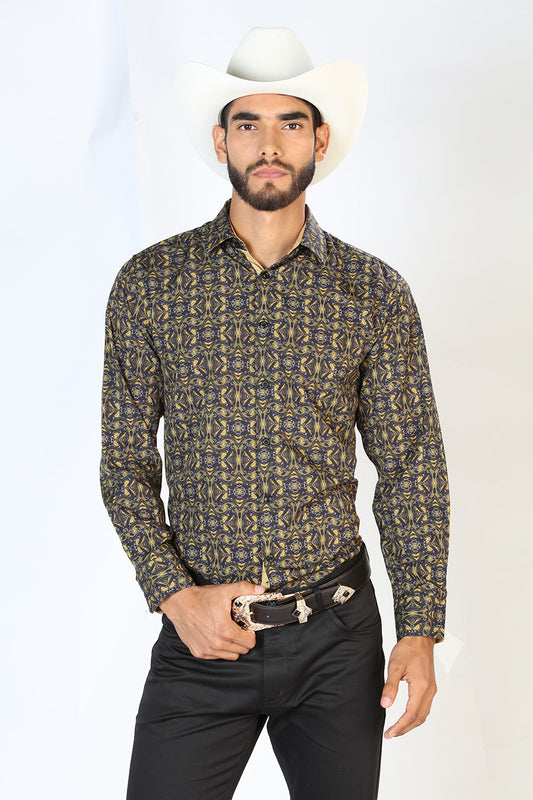 Camisa Vaquera Manga Larga Estampada Negro/Oro para Hombre 'El Señor de los Cielos' - ID: 126273 Camisas Estampadas El Señor de los Cielos Black/Gold