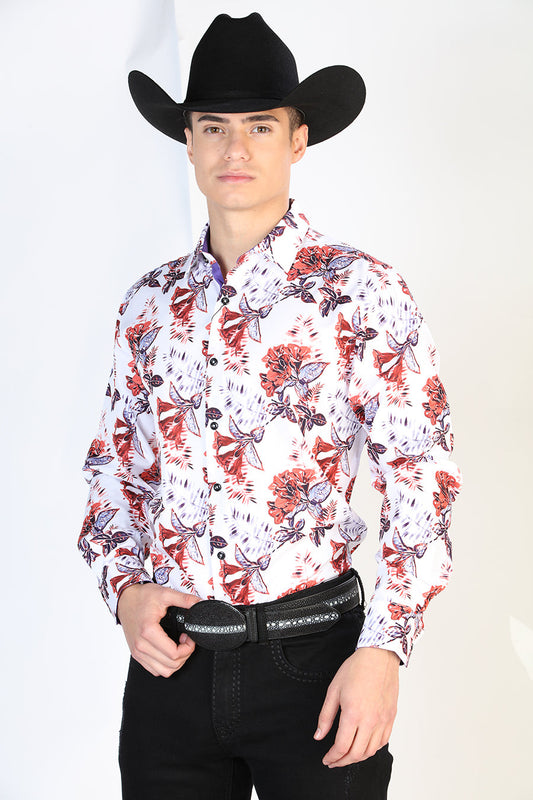 Camisa Vaquera Manga Larga Estampada Floral Blanco para Hombre 'El Señor de los Cielos' - ID: 126275 Camisas Florales El Señor de los Cielos White