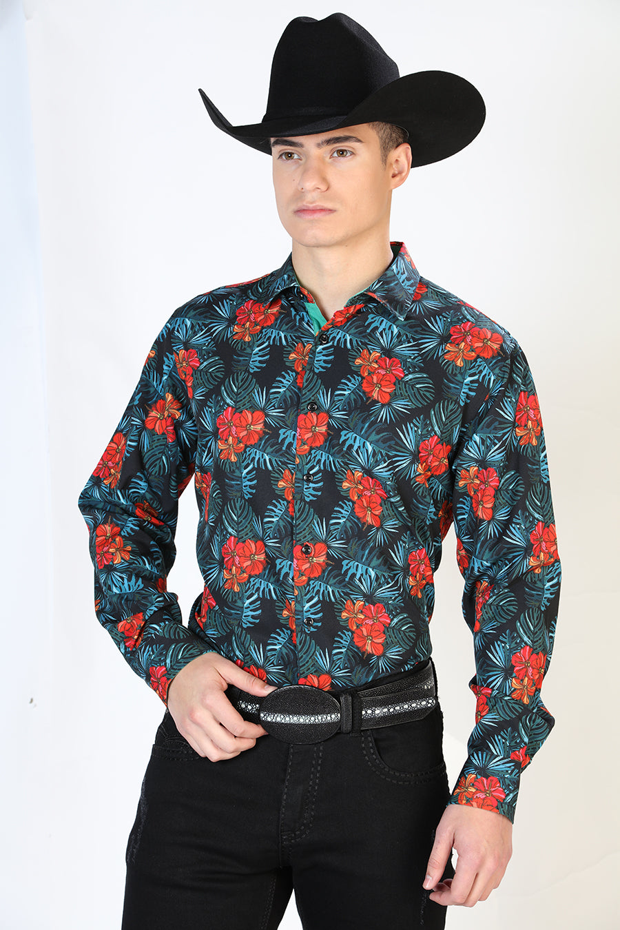 Camisa Vaquera Manga Larga Estampada Floral Negro para Hombre 'El Señor de los Cielos' - ID: 126276 Camisas Florales El Señor de los Cielos Black