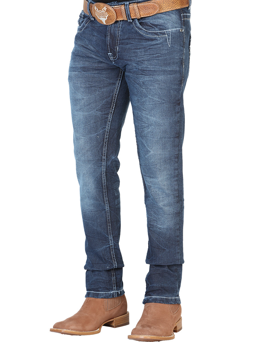 Pantalon de Mezclilla Casual Azul Oscuro para Hombre 'El Norteño' - ID: 126631 Pantalones Casuales El Norteño Dark Blue