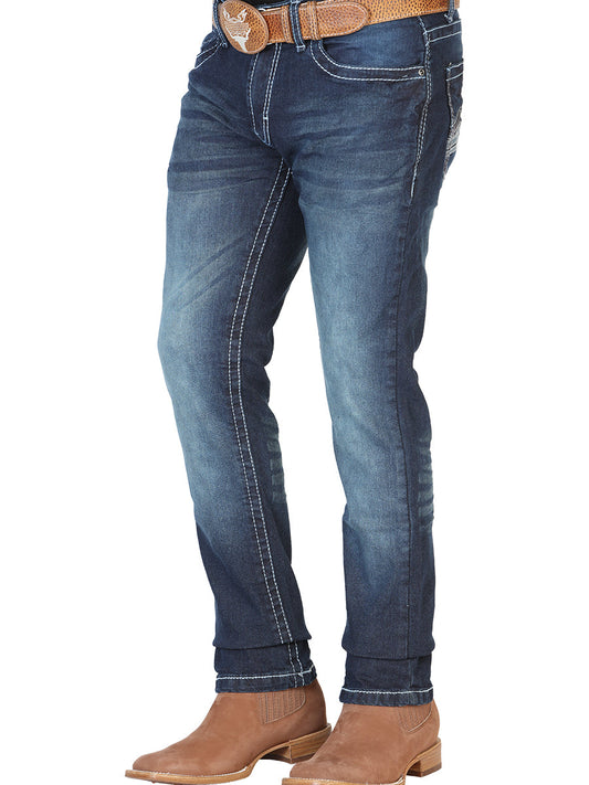 Pantalon de Mezclilla Casual Azul Oscuro para Hombre 'El Norteño' - ID: 126633 Pantalones Casuales El Norteño Dark Blue