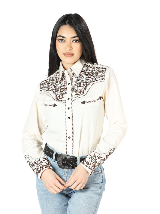 Camisa Vaquera Manga Larga Bordada Beige para Mujer 'El Señor de los Cielos' - ID: 44191 Camisas Bordadas El Señor de los Cielos Beige