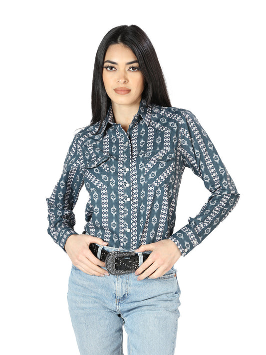 Camisa Vaquera Manga Larga Estampada Negro Claro para Mujer 'El Señor de los Cielos' - ID: 44202 Camisas Estampadas El Señor de los Cielos Light Black