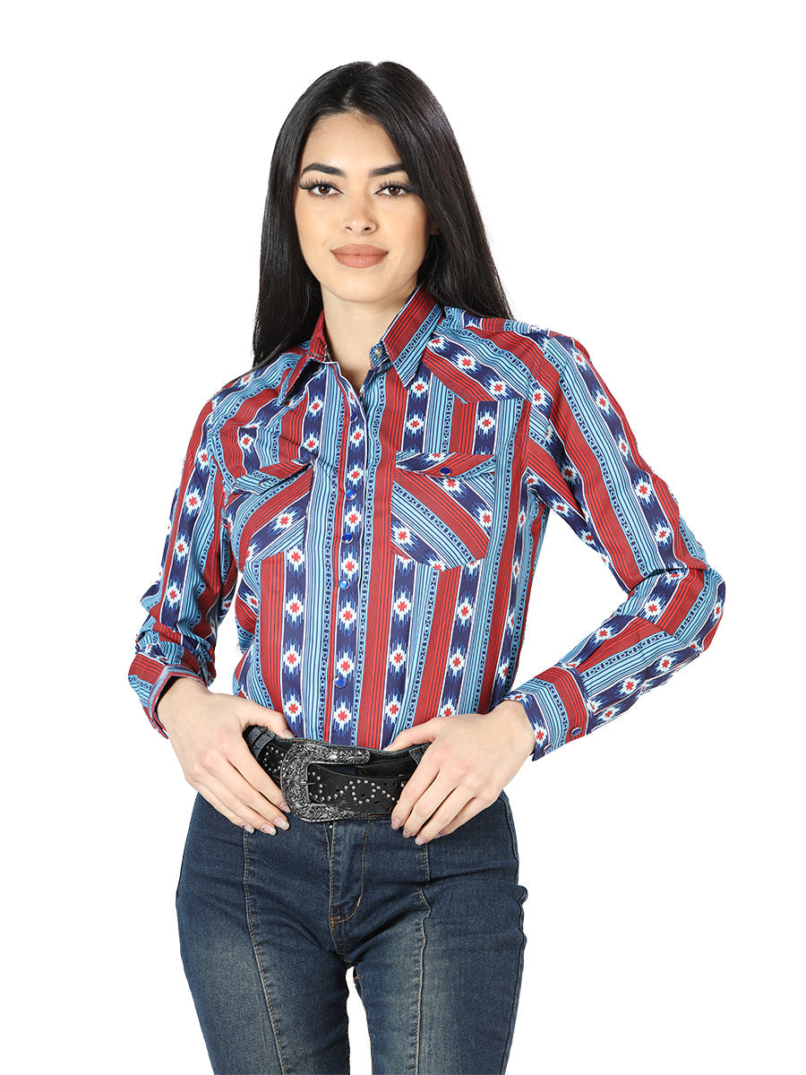Camisa Vaquera Manga Larga Estampada Azul para Mujer 'El Señor de los Cielos' - ID: 44213 Camisas Estampadas El Señor de los Cielos Blue