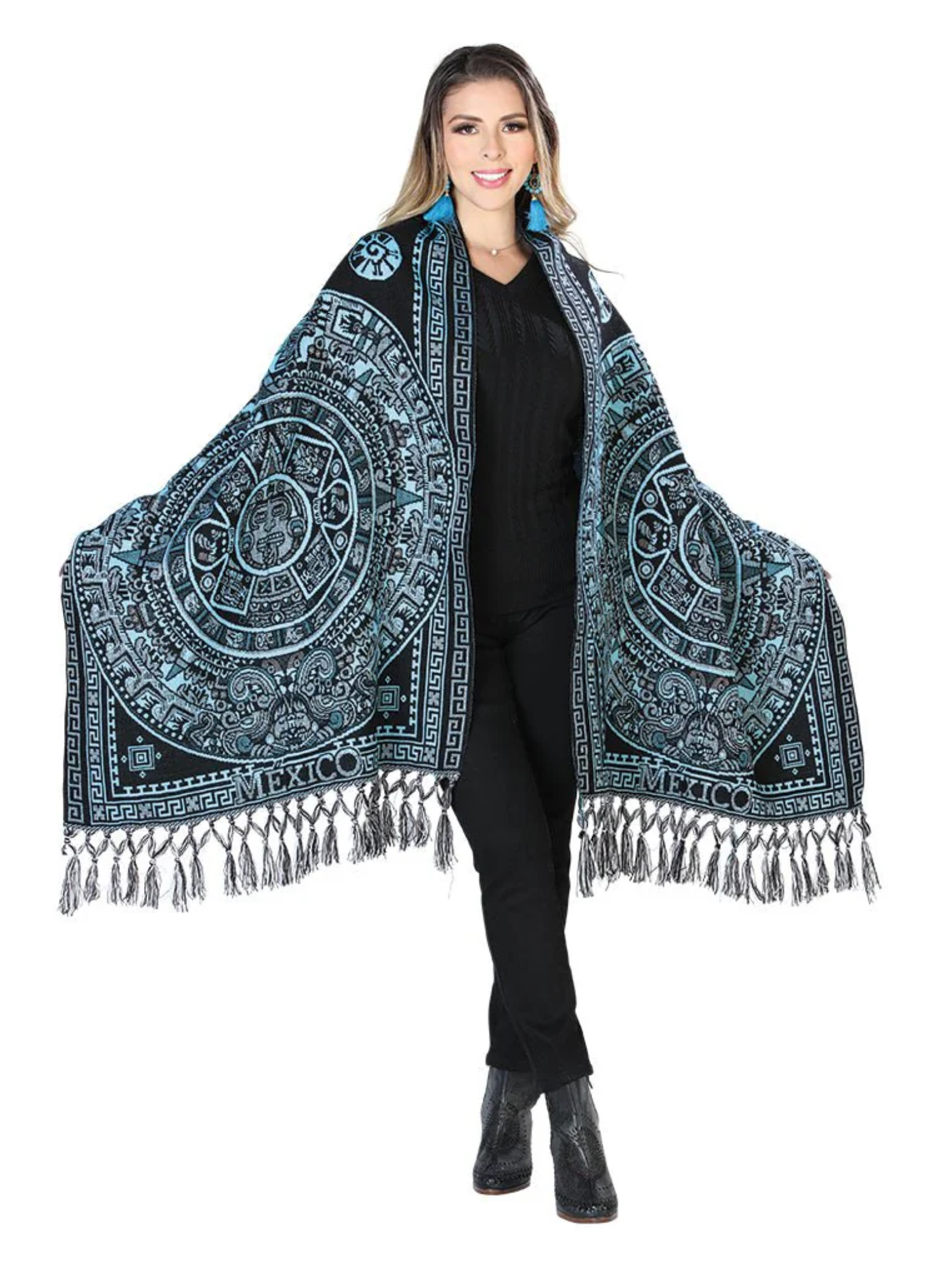 Rebozo Artesanal Diseño de Calendario Azteca para Mujer Rebozos Artesanales Mexico Artesanal Blue