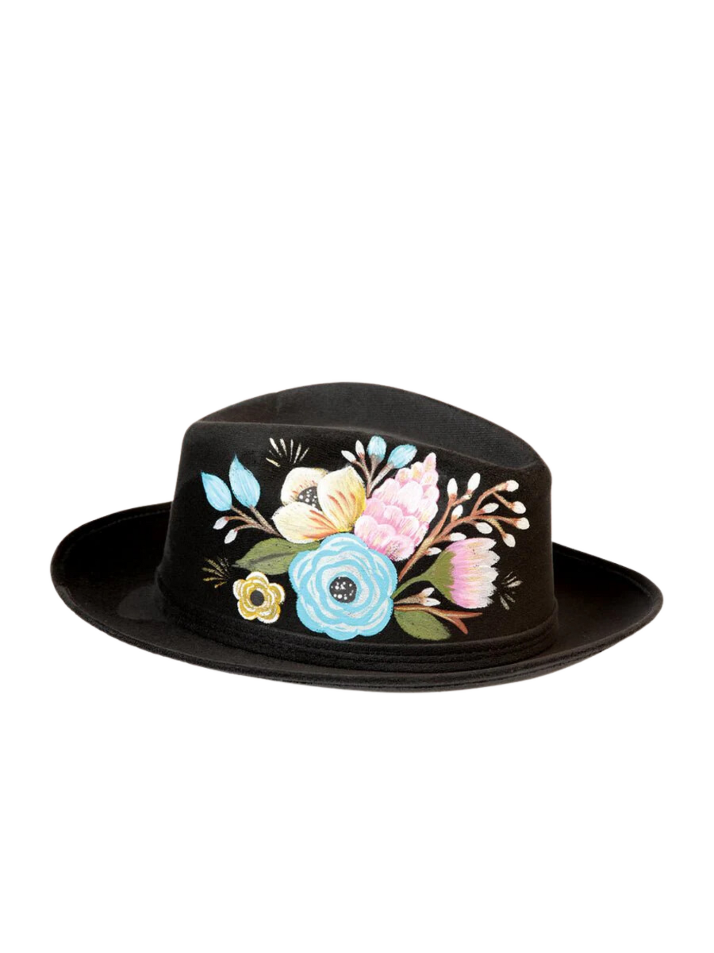 Sombrero Artesanal Floral Pintado a Mano Ala Corta de Piel Gamuza para Mujer 'Mexico Artesanal' - ID: 603820 Sombreros Artesanales Mexico Artesanal Black