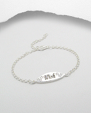 Pulsera de Cadena Ajustable Grabada con "Wish" de Plata Ley 925 - 925 Sterling Silver Adjustable Chain Bracelet Engraved with "Wish" - ID: 1221068176 Bellash