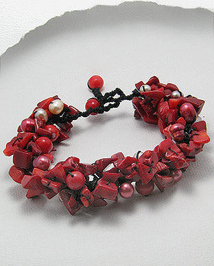 Pulsera Artesanal de Coral Rojo, Perlas de Agua Dulce y Algodon - Red Coral, Freshwater Pearls and Cotton Handmade Bracelet - ID: 50727339 Bellash