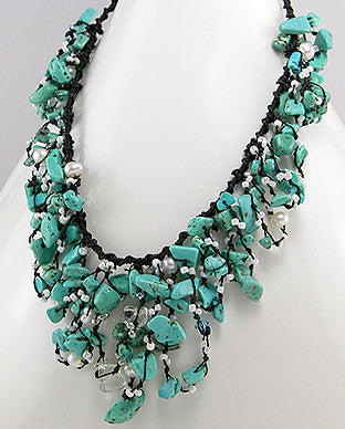 Collar Artesanal de Piedras Naturales Turquesas, Perlas, Cristal y Algodon - Turquoise Natural Stones, Pearls, Crystal and Cotton Handmade Necklace - ID: 50727537 Bellash