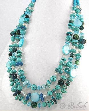 Collar Artesanal de Piedras Naturales Turquesas, Madre Perlas, Perlas de Agua Dulce, Cristal y Plata Ley 925  - Turquoise Natural Stones, Mother of Pearls, Freshwater Pearls, Crystal and 925 Sterling Silver Handmade Beaded Necklace - ID: 51756164 Bellash