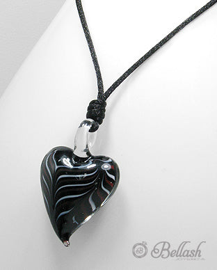 Dije de Corazon Artesanal de Cristal Murano Negro (Incluye Cordon Textil) - Murano Glass Black Handmade Heart Pendant Necklace (Textile Cord Included) - ID: 52755556 Bellash