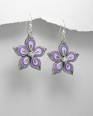 Aretes Colgantes de Flores Artesanales de Plata Ley 925 Marcasita - 925 Sterling Silver Marcasite Handmade Dangle Flower Earrings - ID: 55565813 Bellash